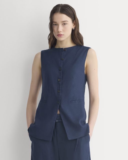Long Vest in Stretch Linen | Navy