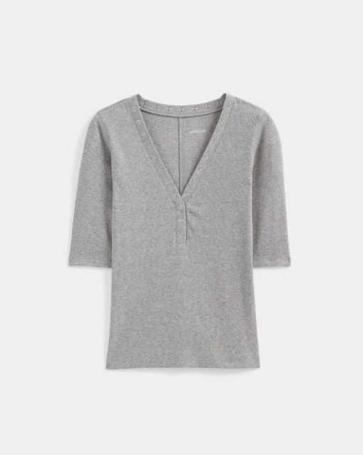 Alternative view of Luxe Rib V-Neck Henley | Heathered Light Grey