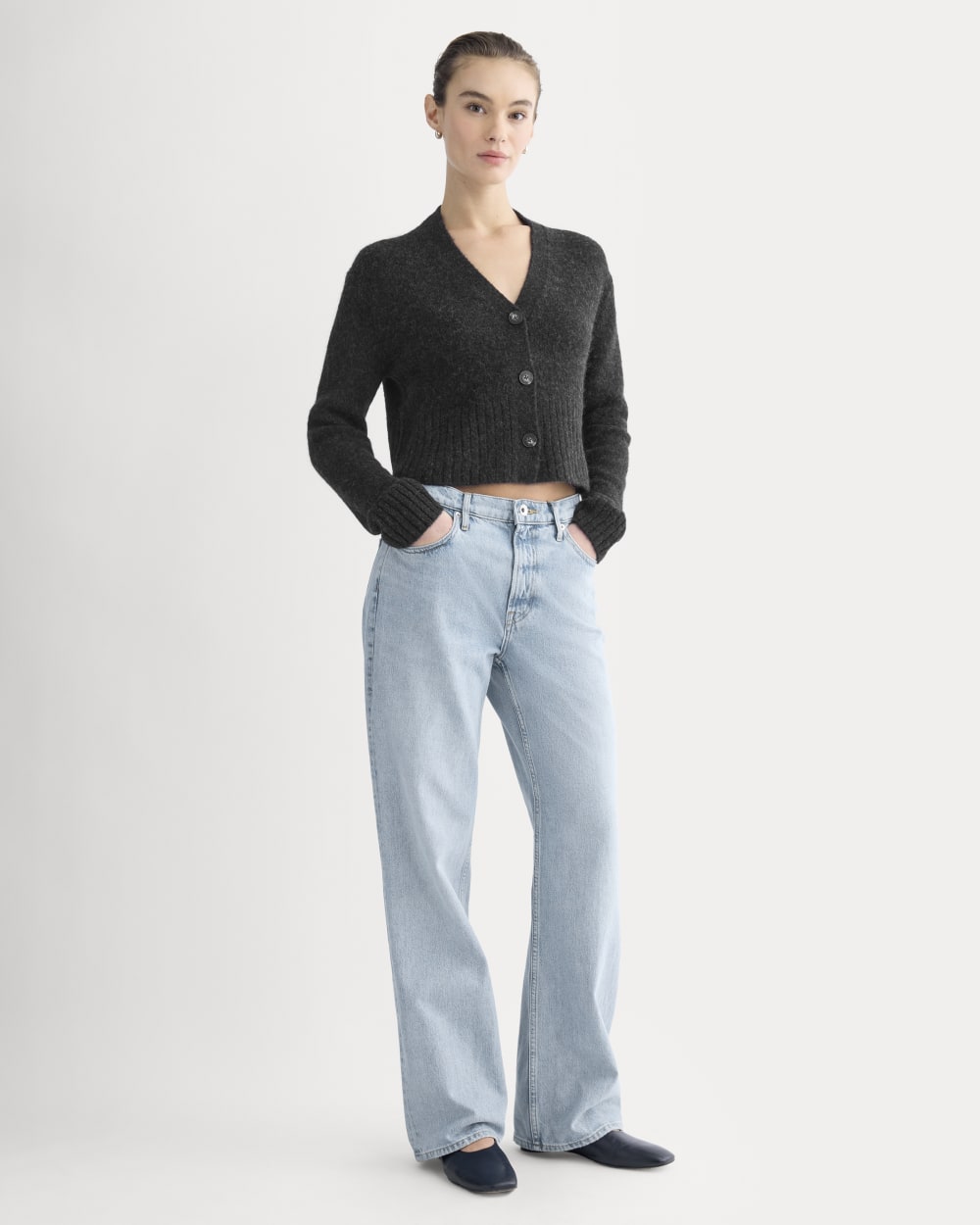 High V Cropped Cardigan in Alpaca | Heather Black - Image 3