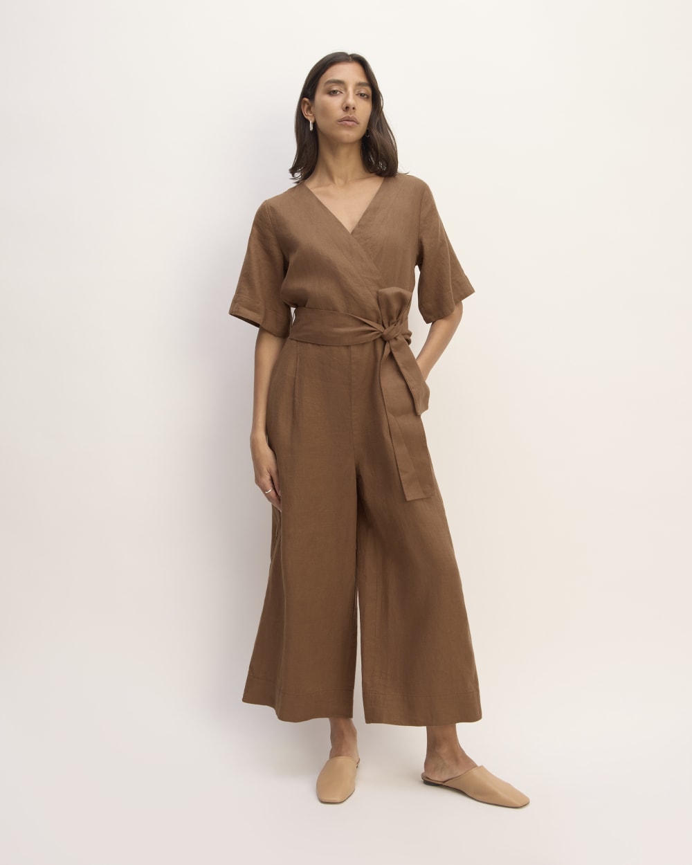 The Wrap Jumpsuit in Linen | Carob Brown