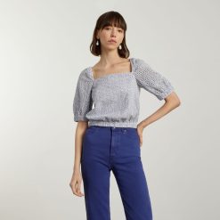 Alternative view of The Eyelet Puff Sleeve Top | Deep Blue / White