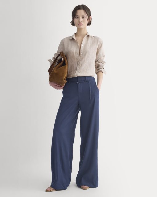 Wide-Leg Belted Pant in Stretch Linen | Navy | Long