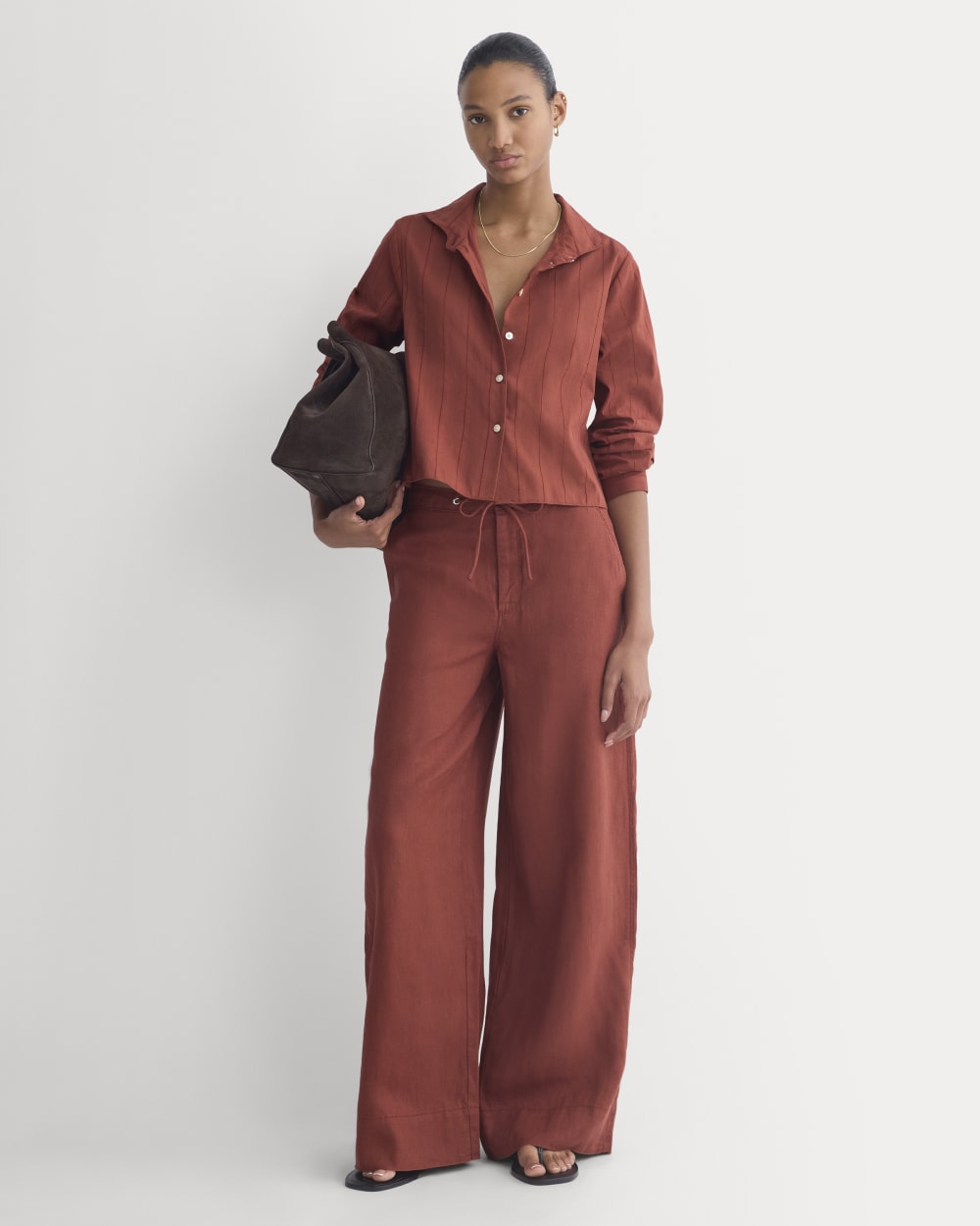 Wide-Leg Drawstring Pant in Linen | Henna Red
