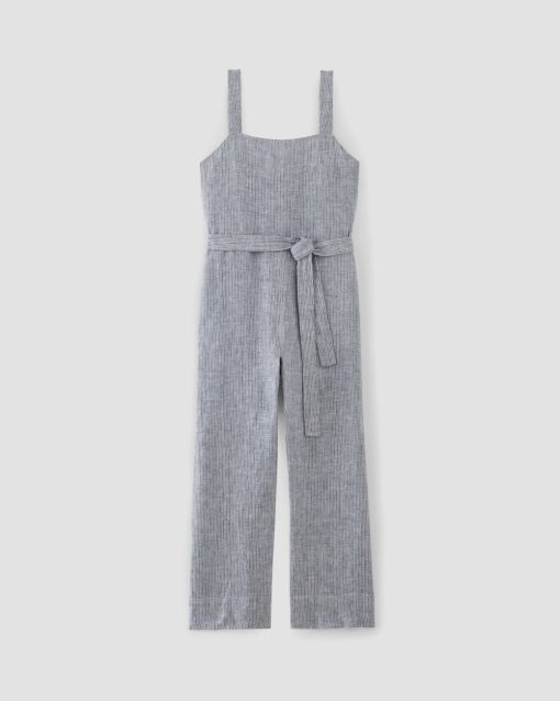 Alternative view of The Linen Side-Button Jumpsuit | White / Blue