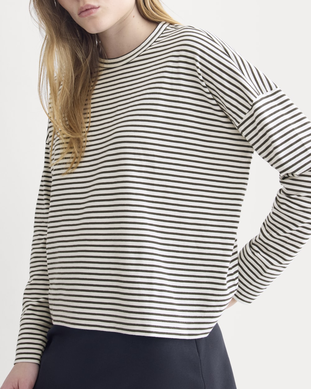 Oversized Boxy Crew in Essential Cotton | Bone / Pirate Black Stripe - Image 4