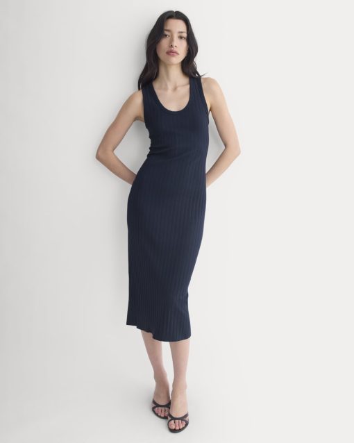 Scoop-Neck Midi Dress in Pointelle Knit | Deep Navy