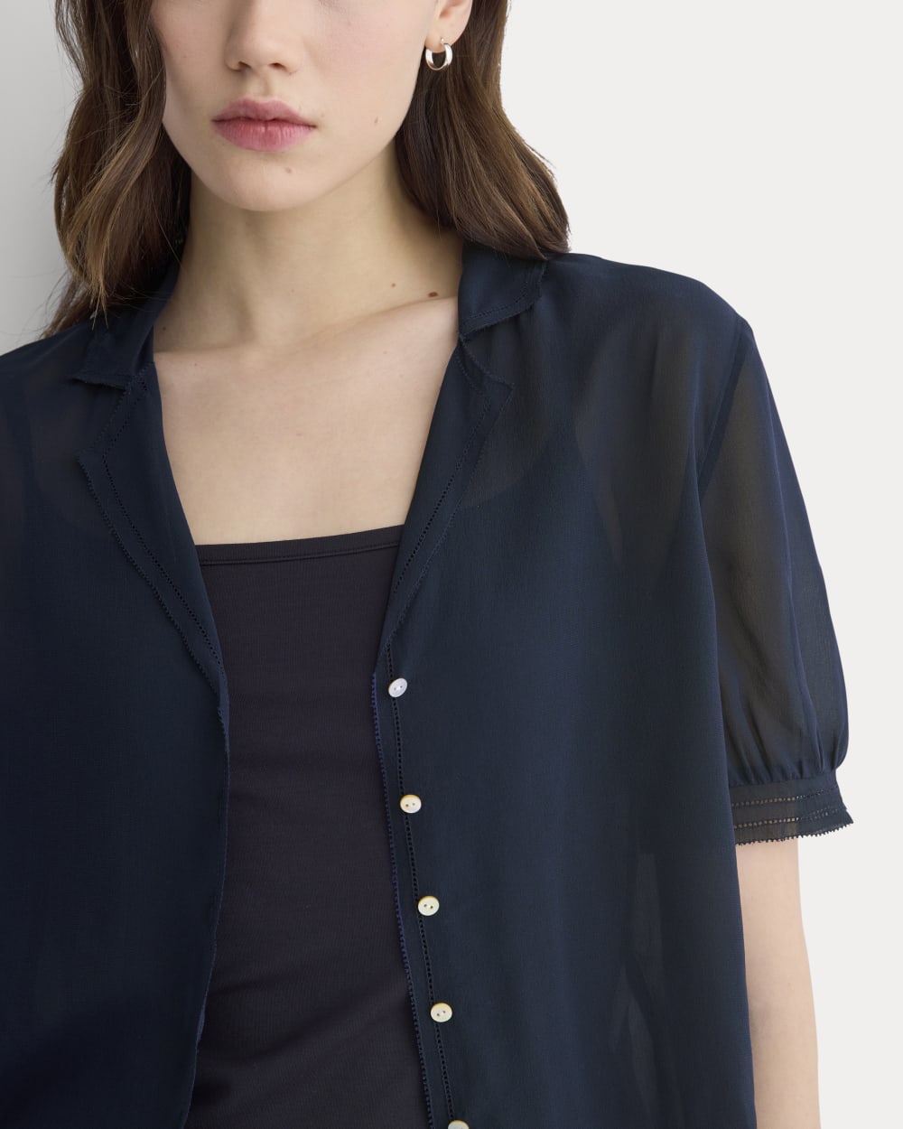 Notch Collar Shirt in Silk Georgette | Navy - Image 4